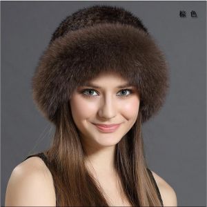 New Winter Woman Mink Fur Hat With Fox Fur Has Elasticity