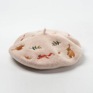 Winter Woman Lady Beret Hat New Mori Rabbit Squirrel Leaves Embroidered Cashmere Wool Caps Fashion Warm French Artist Hat