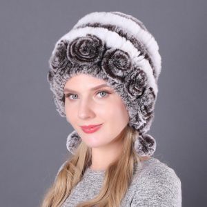 Hot Sale Winter Women Flowers Striped Natural Real Rex Rabbit Fur Hats Lady Warm Knit Genuine Fur Caps Russian Outdoor Fur Hats