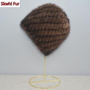 Russia New Winter Lady Natural Mink Fur Beanies Hat Knit Warm Striped Genuine Mink Fur Caps Women Good Elastic Real Mink Fur Hat