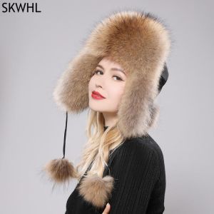 2021 100% Real Fox Fur Hat Women's Russian Ushanka Aviator trapper snow skiing Hat caps earflap winter raccoon fur Bomber hat