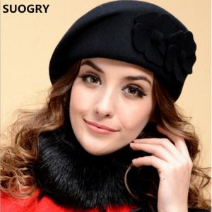 SUOGRY 2017 New Fashion Women Beret Hat For Women Beanie Female Cap Flower French Trilby Wool Soft Stewardess Hat gorras planas