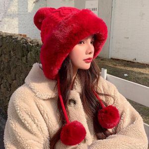 HT3372 New Fashion Cute Pompoms Winter Hat Female Russian Cap Women Thick Warm Russian Fur Hat Ladies Knitted Ski Earflap Cap
