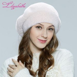 Liliyabaihe Women's Winter Beret Angora and Faux Fur Beret Volumetric Hat with Leg Warm Hat