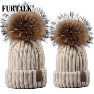 FURTALK Winter Hat Women Knitted Beanie Hat Real Raccoon Fur Pompom Hat for Female Kids Warm Chunky Thick Stretchy Hat