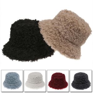 Lamb Faux Fur Bucket Hat Thickened Warm Winter Hats For Women Velvet Cap Lady Sweet Panama Outdoor Plush Version Fisherman Hat