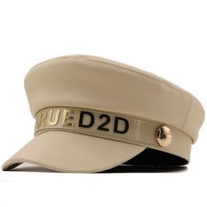 2022 New Women Black Military Hats Autumn Winter Fashion Wool Pu Leather Chain Newsboy Caps With Belt Female Gorras