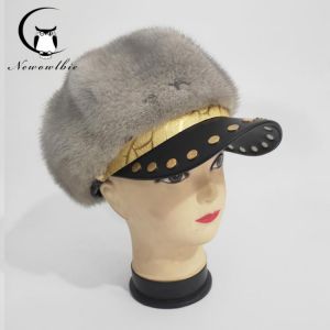 Fur Hat Winter Warm Natural Mink Fur Hats for Women Classic Luxury Caps Earflap Christmas Hat Thermal octagonal hat with brim