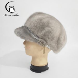Fur Hat Winter Warm Natural Mink Fur Hats for Women Classic Luxury Caps Earflap Christmas Hat Thermal octagonal hat with brim