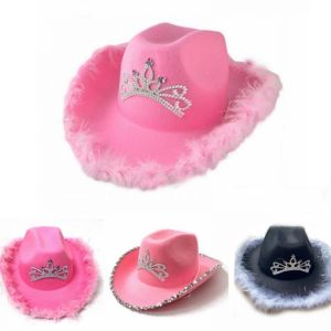 Pink Tiara Cowgirl Hat for Women Girls Wide Brim Fedora Cowboy Cap Western Style Holiday Cosplay Party Hats