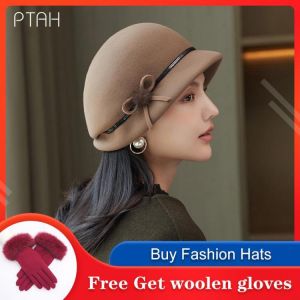 [PTAH] Fedora Hat For Women Temperament Elegant Church 2021 Autumn Winter Women's Bow Hat 100% Wool High Quality Top Hat Wedd