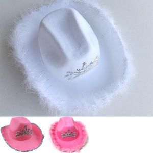 Western Wear Decor Bedazzles White Pink Cowboy Hat Women Feather Crystal Beaded Cowgirl Hats Summer Outdoor Sunhat Cap with Fur