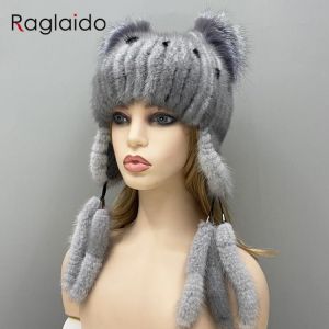 Women bomber ear hats knitted natural mink fur tails earflap winter hat