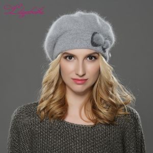 LILIYABAIHE  NEW winter Women beret hat knitted wool angora beret  Simple and stylish mink flower decoration cap Double warm hat