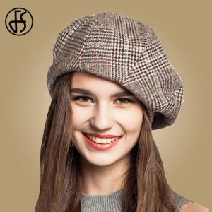 FS French Artist Wool Berets Hat For Women Female Winter Fashion Black Blue Brown Plaid Painter Octagonal Hats Casual Caps