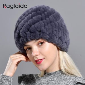 Raglaido Rabbit winter fur hat for Women Russian Real Fur Knitted Cap headgea Winter Warm Beanie Hats 2019 fashion brand LQ11279