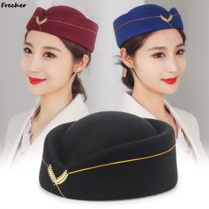 Hot Sale Wool Felt Pillbox Air Hostesses Beret Hat Base Cap Airline Stewardess Sexy Formal Uniform Hat Caps Accessory