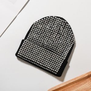 Women Solid Beanie with Stones Allover Ladies Girls Soft Warm Winter Hat Female Black Hats with Clear Black Crystals