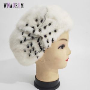 Russian Fur Hat Winter Warm Natural Mink Fur flower Hats for Women Classic Luxury Caps Earflap Christmas Hat beret hat