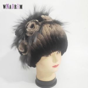Women's Genuine Rex Rabbit Fur Hats Autumn and winter Beanies Head 100% Fox Fur Flower Warm Real Fur Knit  High elasticity Ca