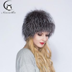 2021 ENJOY FUR Women winter fur hat genuine fox fur hats knitted silver fox fur caps female russian bomer caps