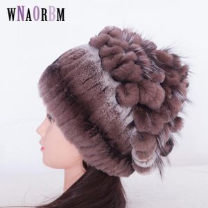 2021 Women's Genuine Rex Rabbit Fur Hats Winter Rex Rabbit Fur Beanies Striped Head Top Flower Fox Fur Warm Real Fur Knit Cap
