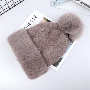 Top Quality Women's Winter Knitted Wool Belend Patchwork Real Mink Fur Hat Cap Natural Fox Fur Pom Poms Beanie Lady Fashion