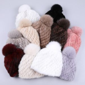 100% real mink fur hat women winter knitted beanies Russian Girls cap with fox fur pom poms thick female cap Elastic