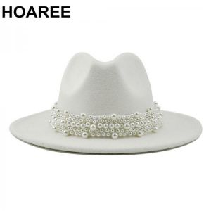 Wedding Fedora Hat Women Panama Hat White Jazz Pearl Felt Hat Elegant Ladies Woolen Panama Trilby Formal Party Cap 58-61CM