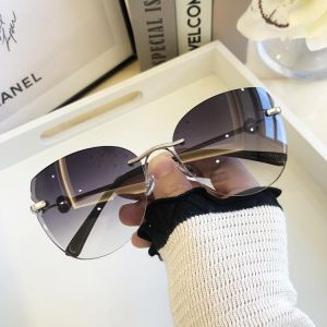 New Sunglasses Women Oversized Cat Eye Eyewear 2021 Gradient Brown Pink Rimless Sun Glasses for Female Gift Brand Designer Uv400