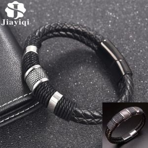 Fashion Braided Leather Bracelet Men's Stainless Steel Magnetic Clasp Doublelayer Wrapping Classic Bangle Male Jewelry Gift
