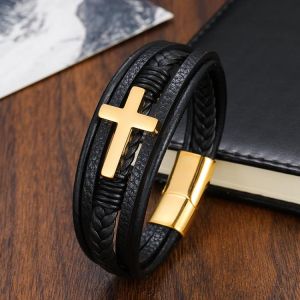 Wholesale Luxury Chakra Bracelet Letters Men's Bracelet Classic Charm Cross Stainless Steel Leather Rose Gold Black Bracelet