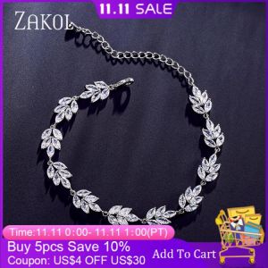 ZAKOL Luxury High Quality Shiny White Cubic Zirconia Leaf Chain Bracelets for Women Wedding Crystal Jewelry Gift BP2117