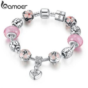 BAMOER Silver Plated Charm Bracelet with Heart Pendant & Cherry Blossom Charm Pink Murano Glass Beads Friendship Bracelet PA14