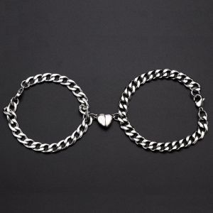 2Pcs/pair Stainless Steel Couple Bracelets Magnetism Heart Charm Fashion Cuba NK Chain Bracelets Jewelry Gift For Women Men