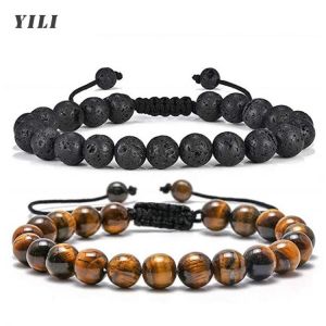 Natural Stone Bracelet 8mm Tiger Eye Stone Bracelets Lava Rock Stone Bracelet Adjustable Yoga Beads Healing Mens Bangle Gifts