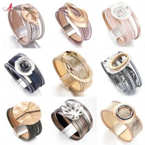 Amorcome Multi Strands Leather Wrap Bracelet for Women Big Geometric Charm Wide Cuff Bracelets Girl Women Gifts Pulseras Mujer