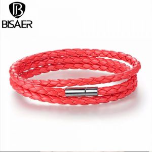 BISAER Cheap Wholesale Fashion Men & Women Leather Bracelet with Adjustable Long Chain Magnet Red Bracelets Jewelry WEV0063-6
