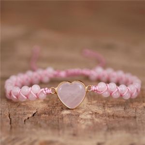 Boho Rose Quartz Heart Charm and Beads Bracelet Boho String Braided Stretch Couples Bracelet Femme Lover Gift Jewelry Dropship