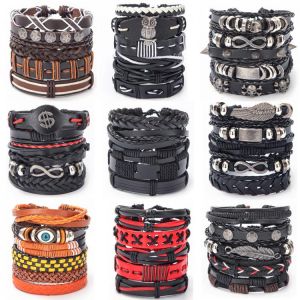 Vintage Leaf Feather Skeleton Owl Multilayer Leather Bracelet Men Fashion Braided Handmade Rope Wrap Bracelets & Bangles Male 