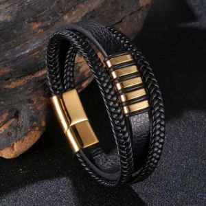 Multilayer Classic Black Leather Wrap Bracelet for Men Hand Jewelry Handsome Gift