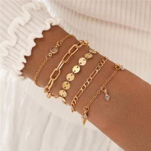 5 Pcs/Set Punk Gold Crystal Thick Chain Bracelet Female Bohemian Geometric Chain Buckle Bracelet Set Jewelry Girl Party Gift