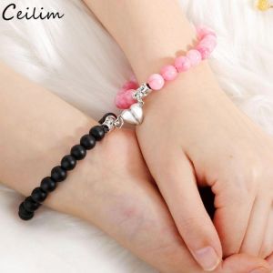 2pcs/set Couple Bracelets Natural Stone Beads Heart shaped Distance Magnet Attraction Bracelet for Lovers Jewelry Gifts 2021 New