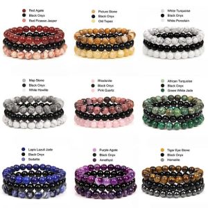 8mm Natural Stone Bracelet Sets 3Pcs/set Rhodonite Rose Pink Quartzs Turquois Amethysts Hematite Bracelets For Women Men Jewelry