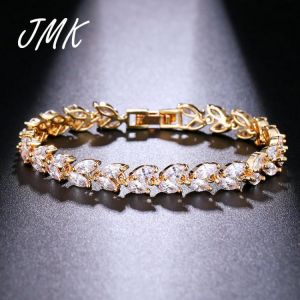 JMK Trendy Luxury Leaf AAA Cubic Zirconia Bangle Bracelet For Women High Quality Bridal Wedding Party Silver Gold Jewelry Gift