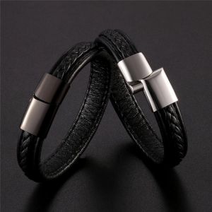 2019 New Design Handmade Braided Genuine Leather Bracelet & Bangle For Men Stainless Steel Bangles Ladies Fashion Christmas Gi