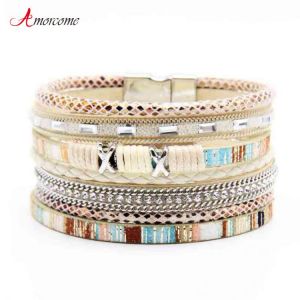 Amorcome 2021 Boho Wrap Bracelets for Women Braided Leather Rope Handmade Multi-Layer Cuff Bangle Jewelry Gifts Bijoux Femme