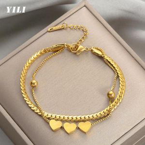 2021 New Fashion Gold Stainless Steel Bracelet Korean Double-layer Heart-shaped Love Bracelet for Women Girls Adjustable Jewelry