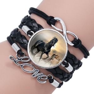 Multilayer Combination Horse Bracelet Hand-woven Glass Leather Creative Dark Horse Charm Gift for Children Fashion Jewelry
