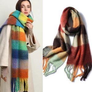 2021 New Women Plaid Scarf Winter Pashmina Shawls Cashmere Thick Wraps Lady Tassel Warm Scarves Rainbow Hairy Bufanda